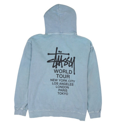 Stussy Men Blue Pullover Hoodie Medium Cotton World Tour Graphic