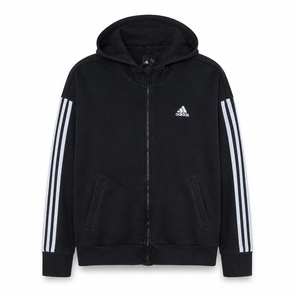 Front view of Adidas women’s black full zip hoodie, size M, cotton blend sportswear