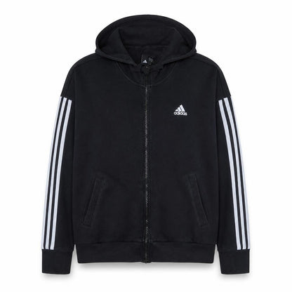 Front view of Adidas women’s black full zip hoodie, size M, cotton blend sportswear