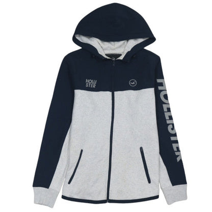 Hollister Men's Blue Grey Full Zip Hoodie L Logo Print
