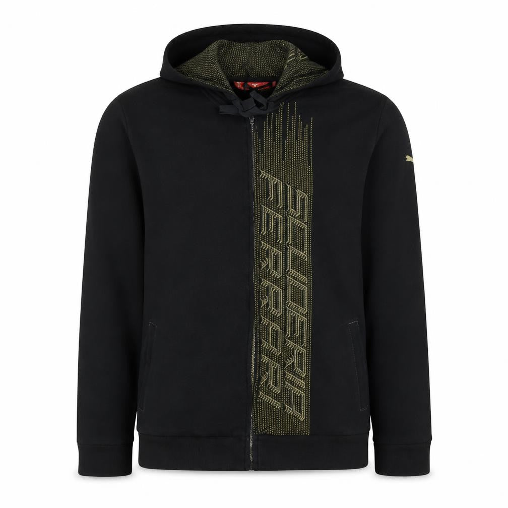 Front view of Puma Ferrari Men’s Black Full Zip Hoodie L Graphic Motorsport