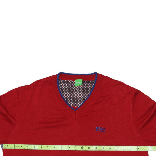 Hugo Boss Mens Red V-Neck Cotton Jumper Size L Classic Style