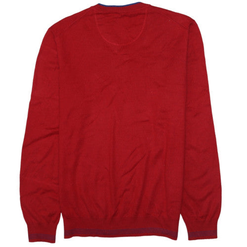 Hugo Boss Mens Red V-Neck Cotton Jumper Size L Classic Style