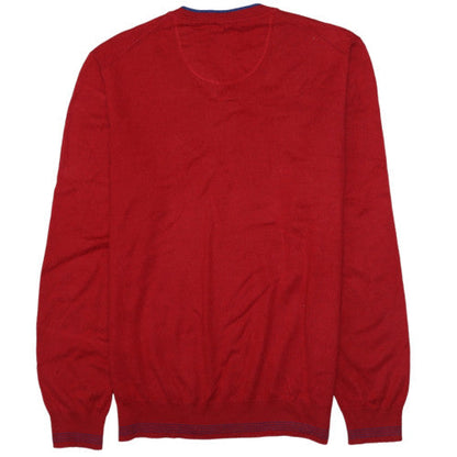 Hugo Boss Mens Red V-Neck Cotton Jumper Size L Classic Style