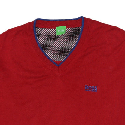 Hugo Boss Mens Red V-Neck Cotton Jumper Size L Classic Style