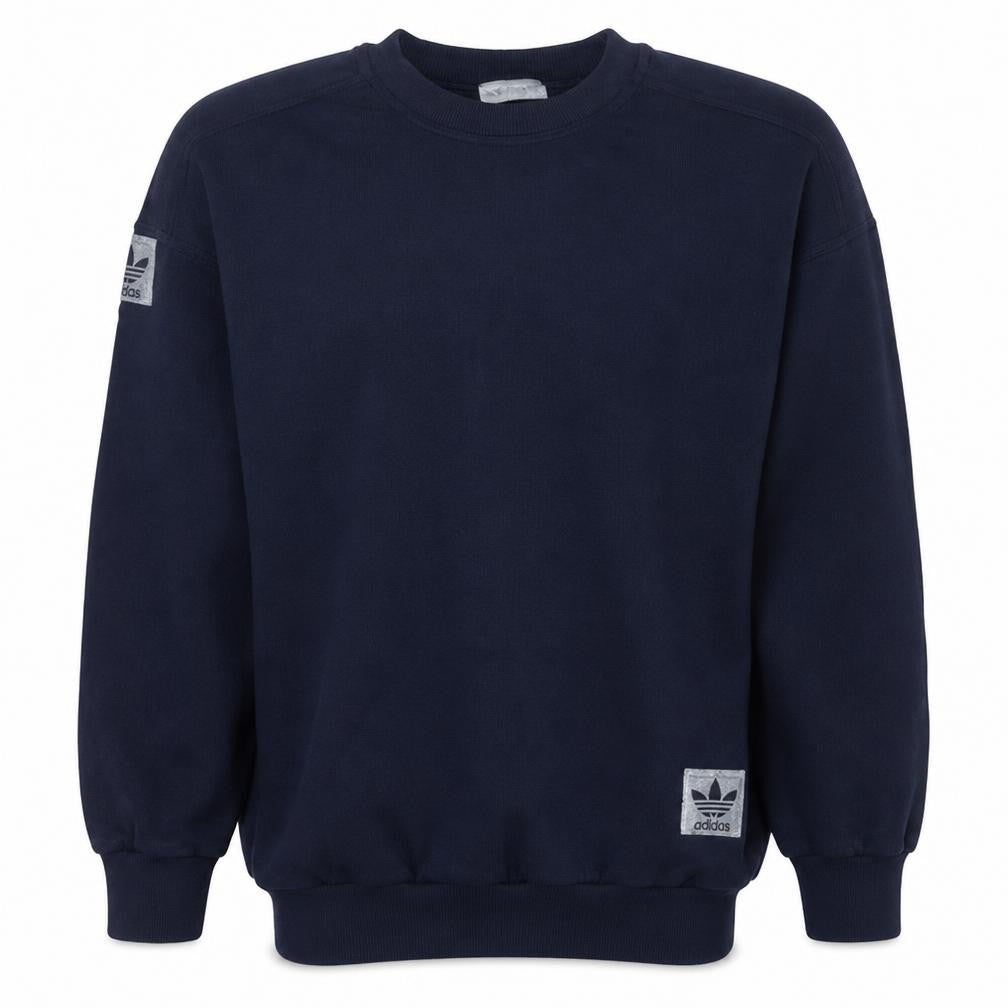 Front view of Adidas men’s blue crew neck sweatshirt l regular fit vintage logo