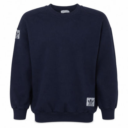 Front view of Adidas men’s blue crew neck sweatshirt l regular fit vintage logo