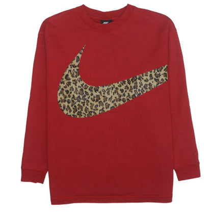 Nike Womens Red Leopard Print Logo Sweatshirt Medium Cotton Blend