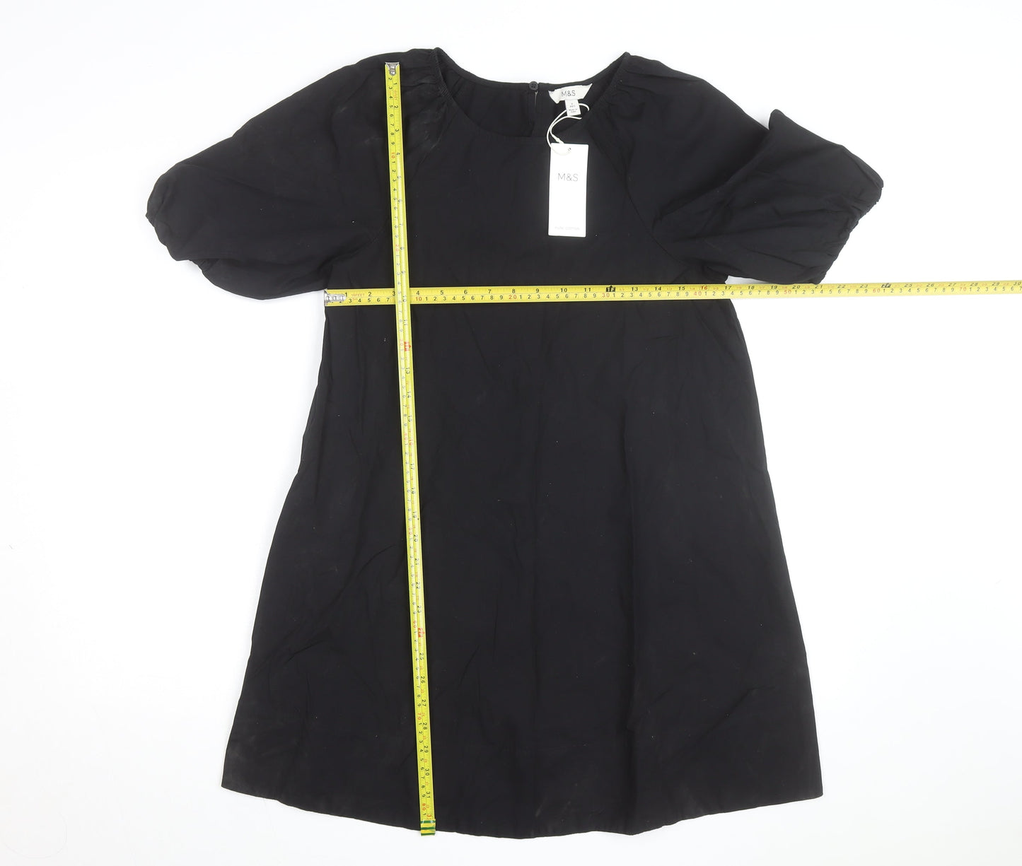 Marks and Spencer Women’s Black Cotton Shift Dress Size 6 Puff Sleeve