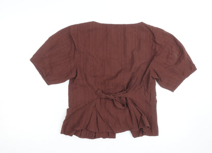 Nobody’s Child Women Brown Cotton Button-Up Blouse Size 14