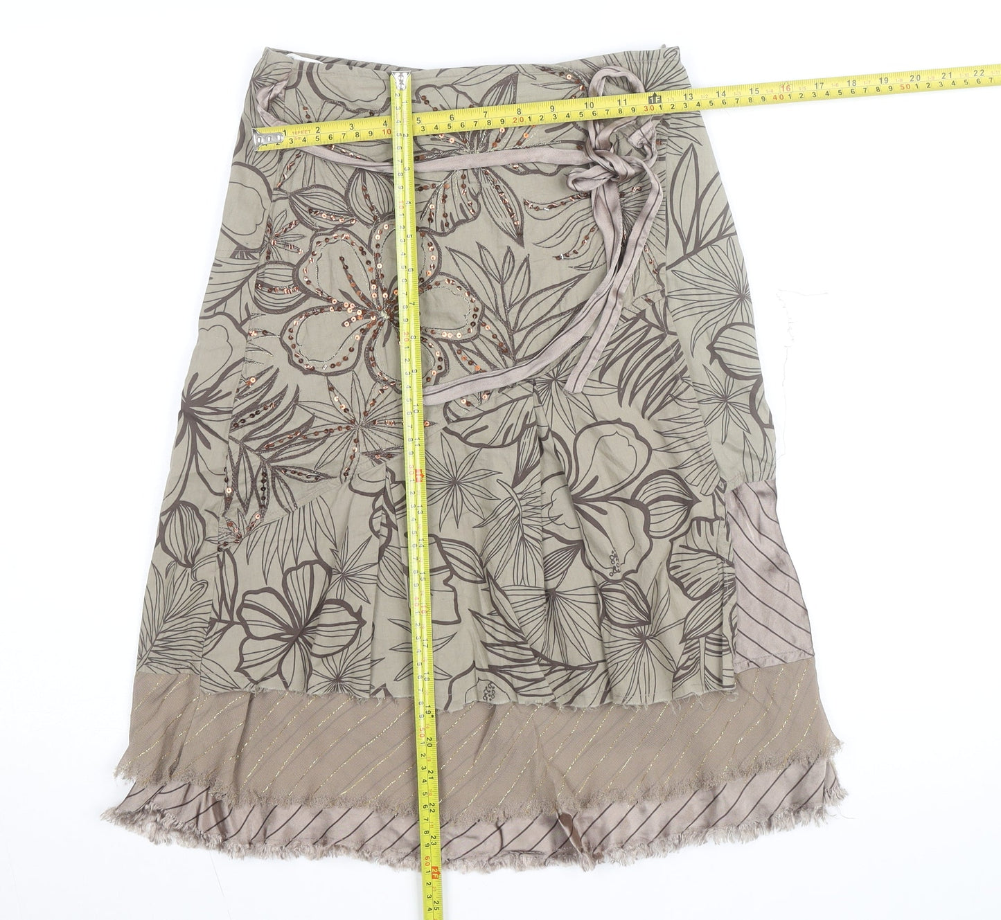 Vila Women Beige Floral Beaded A-Line Midi Skirt Size S