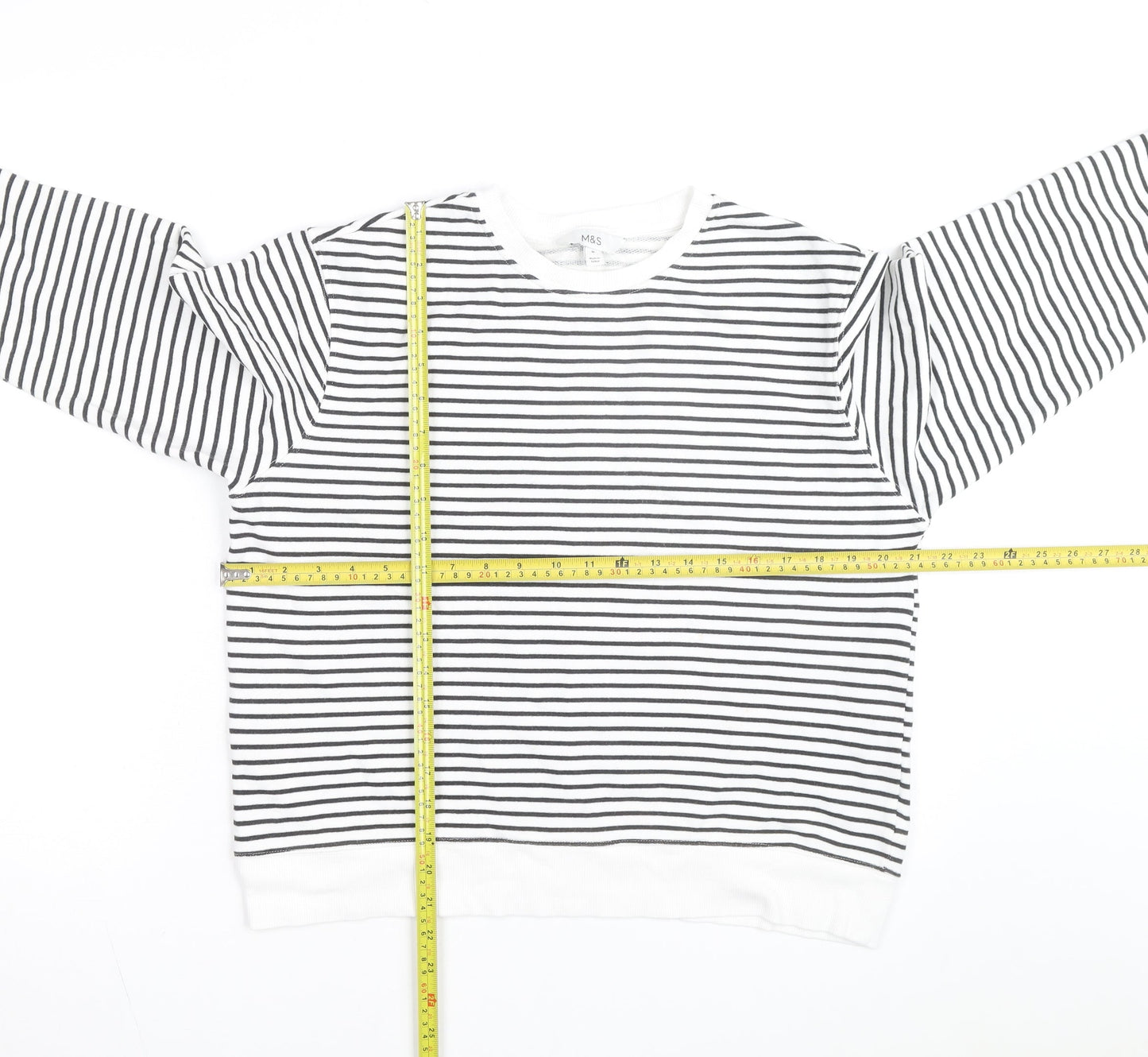 Marks and Spencer Men's White Striped Cotton Long Sleeve Top M