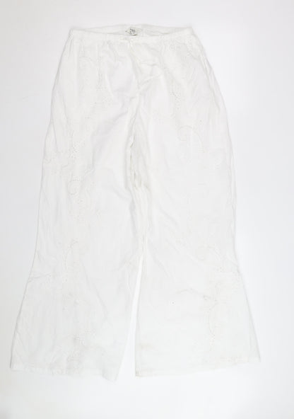Marks and Spencer Women White Cotton Embroidered Wide-Leg Trousers Size 14