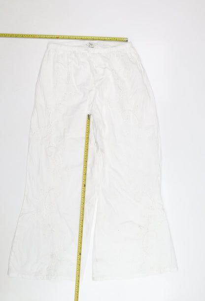 Marks and Spencer Women White Cotton Embroidered Wide-Leg Trousers Size 14