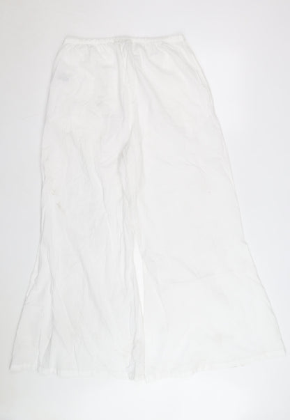Marks and Spencer Women White Cotton Embroidered Wide-Leg Trousers Size 14