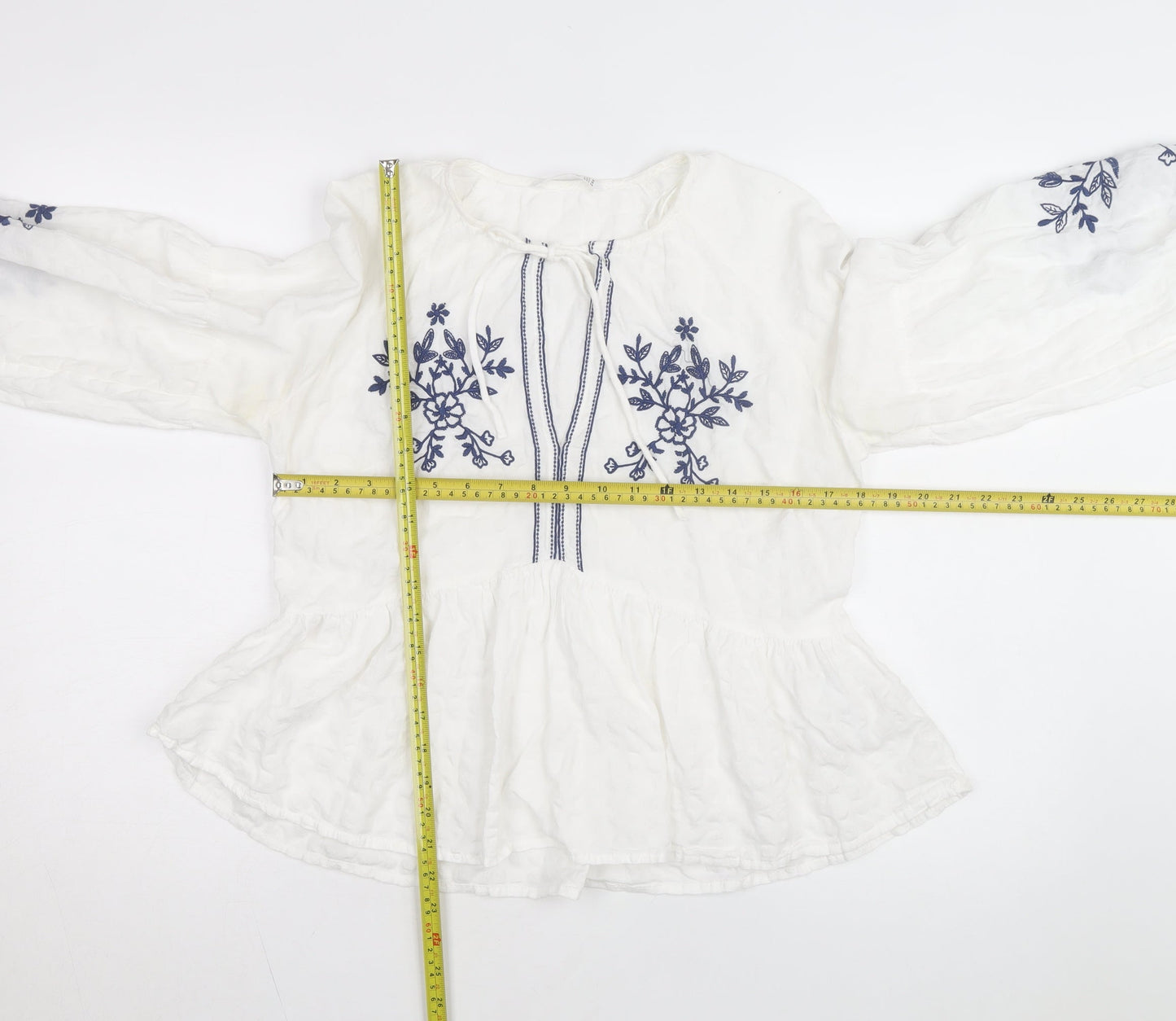 Stradivarius Women’s White Embroidered Cotton Bohemian Blouse Size 12