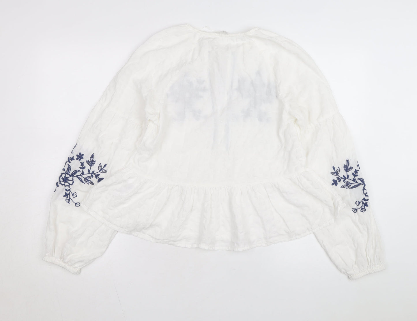 Stradivarius Women’s White Embroidered Cotton Bohemian Blouse Size 12