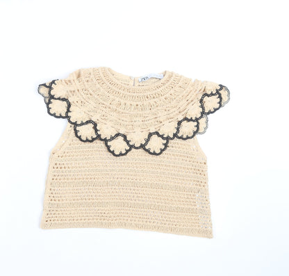 Zara Women Beige Crochet Cotton Ruffle Blouse Top Size 8