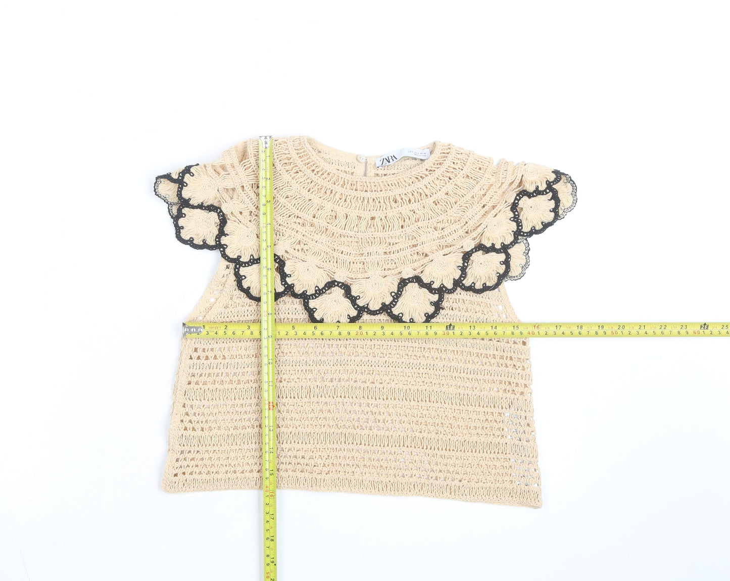 Zara Women Beige Crochet Cotton Ruffle Blouse Top Size 8