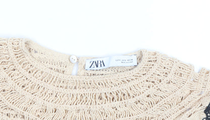 Zara Women Beige Crochet Cotton Ruffle Blouse Top Size 8