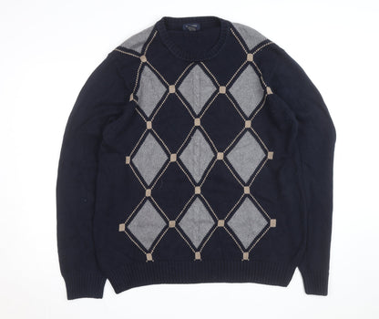 Dockers Men's Blue Argyle Cotton Crew Neck Jumper Size L