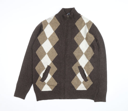 Cashew Men Brown Argyle Full Zip Wool Blend Jumper M
