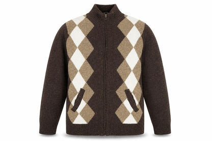 Cashew Men Brown Argyle Full Zip Wool Blend Jumper M