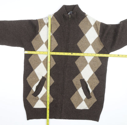 Cashew Men Brown Argyle Full Zip Wool Blend Jumper M
