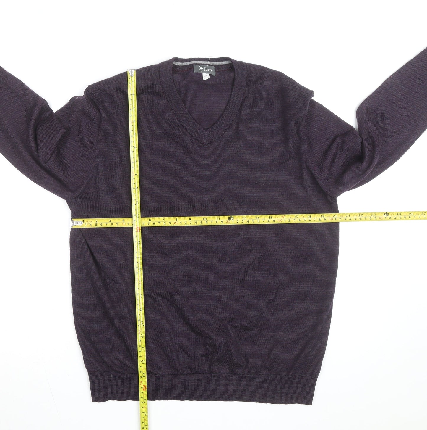Ibex Men’s Purple Merino Wool V-Neck Jumper Size L