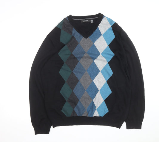 Claiborne Men's Black Argyle V-Neck Cotton Jumper XL
