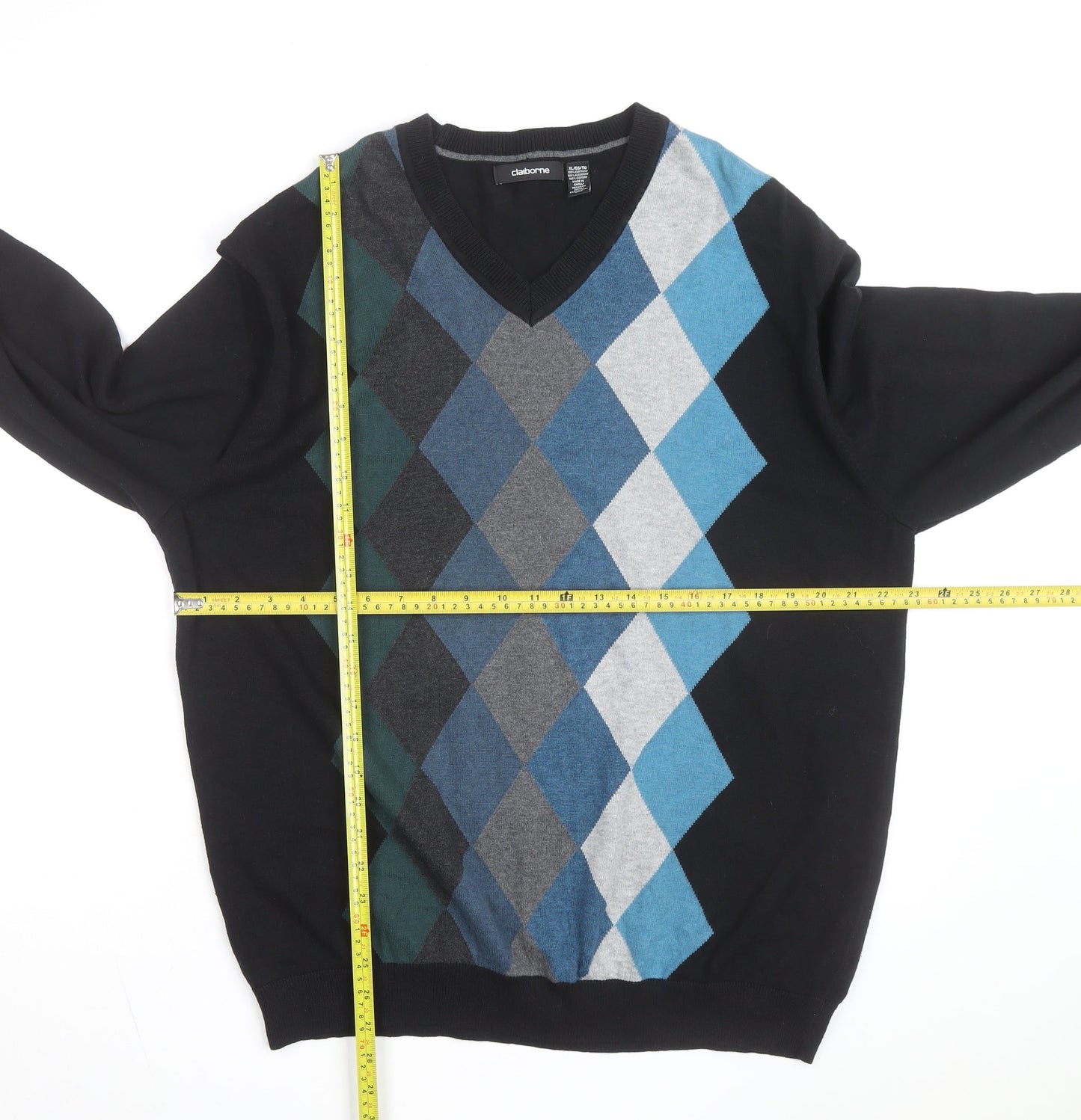 Claiborne Men's Black Argyle V-Neck Cotton Jumper XL