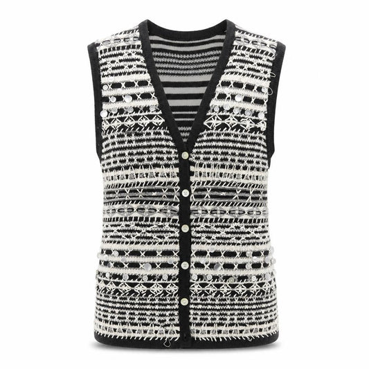 Casual Corner Womens Black White Knit Striped Sleeveless Vest S
