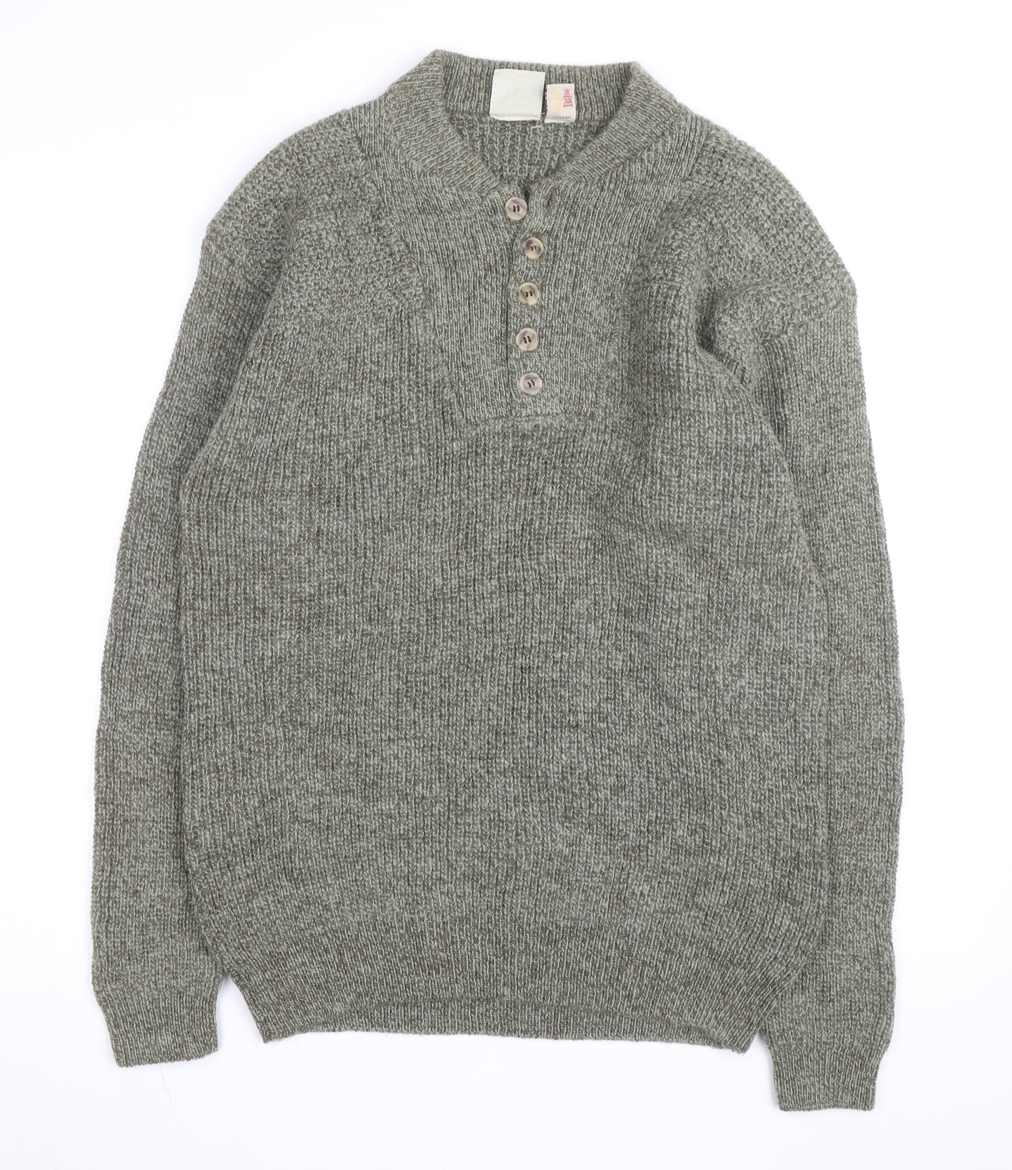 R&R Mens Grey Henley Chunky Knit Cotton Acrylic Jumper M