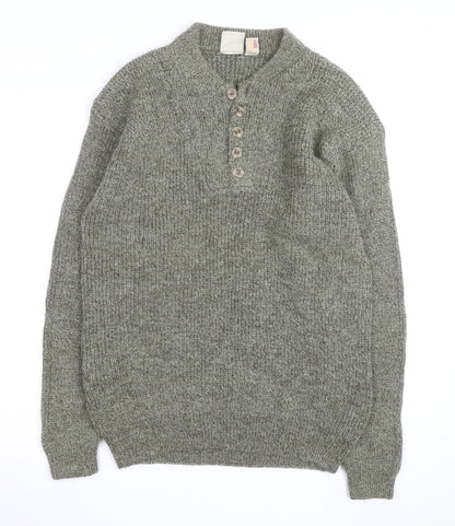 R&R Mens Grey Henley Chunky Knit Cotton Acrylic Jumper M