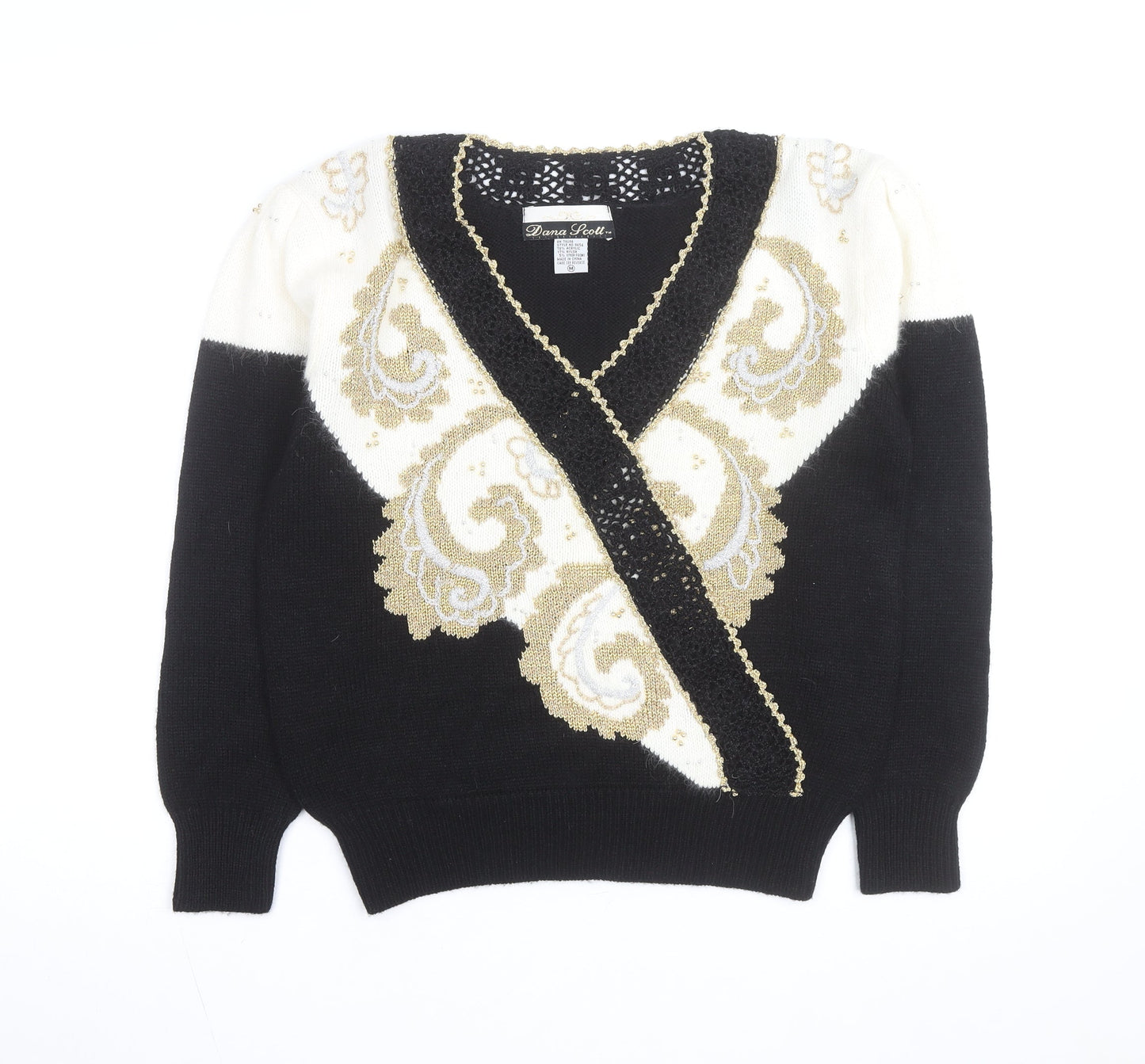 Dana Scott Womens Black Paisley V-Neck Cardigan M Knit Jumper