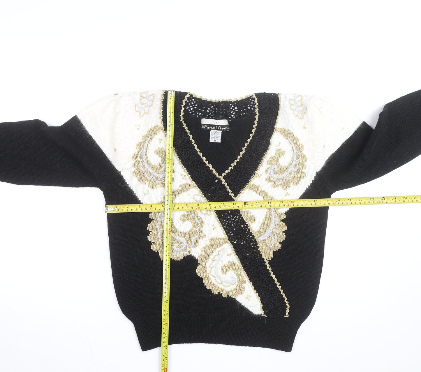 Dana Scott Womens Black Paisley V-Neck Cardigan M Knit Jumper