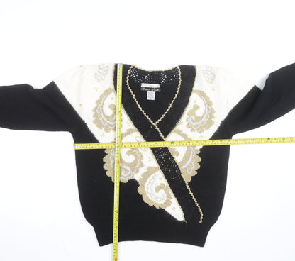 Dana Scott Womens Black Paisley V-Neck Cardigan M Knit Jumper
