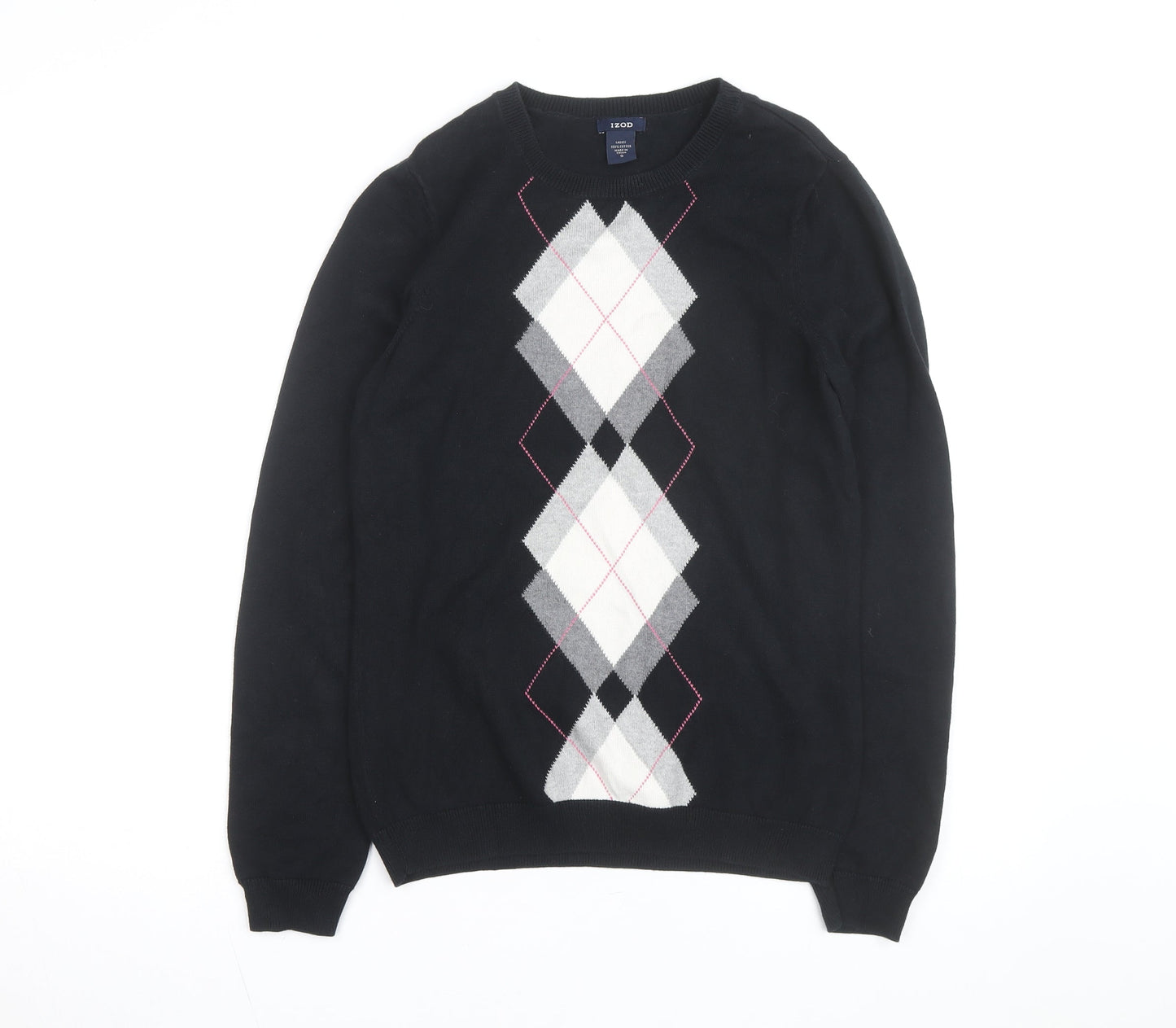 IZOD Womens Black Argyle Cotton Crew Neck Jumper Size S