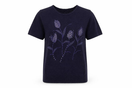 Classics Women's Blue Floral Beaded Knit Short Sleeve Pullover Jumper Size F