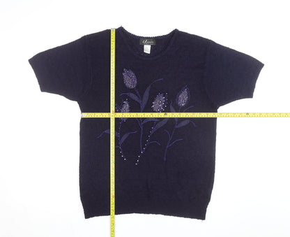Classic Women's Blue Floral Beaded Knit Short Sleeve Pullover Jumper Size F