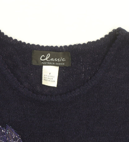 Classic Women's Blue Floral Beaded Knit Short Sleeve Pullover Jumper Size F