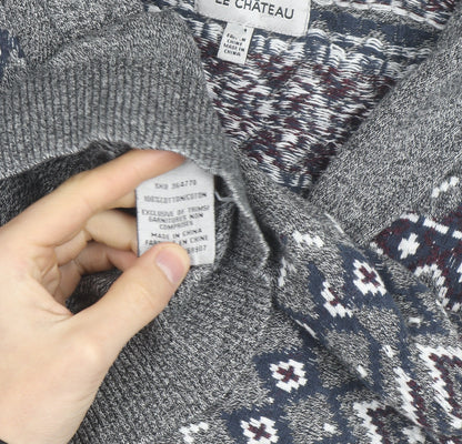 Le Château Men's Grey Fair Isle Cotton Shawl Cardigan Size L