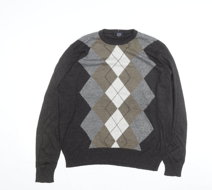 Dockers Men Grey Argyle Crew Neck Pullover Jumper Size L