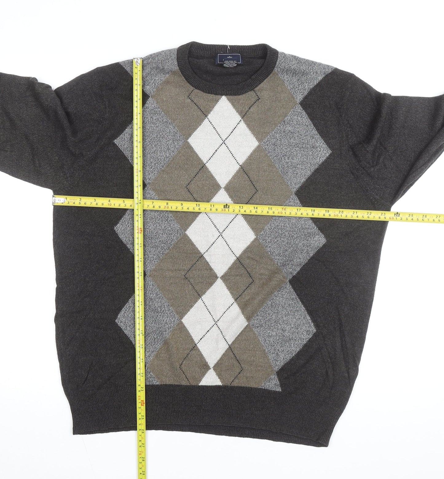 Dockers Men Grey Argyle Crew Neck Pullover Jumper Size L