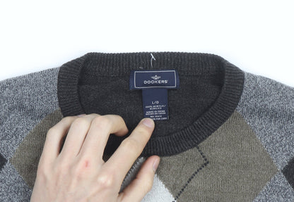 Dockers Men Grey Argyle Crew Neck Pullover Jumper Size L