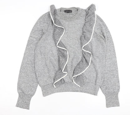 Topshop Women’s Grey Ruffle Knit Crew Neck Jumper Size 12