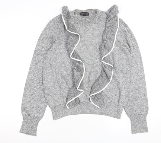 Topshop Women’s Grey Ruffle Knit Crew Neck Jumper Size 12