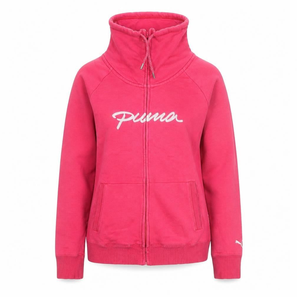 Front view of Puma women’s pink full zip hoodie, size UK 10, cotton fleece warm casual