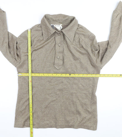Moda Women Beige Glitter Collared Jersey Blouse Size L