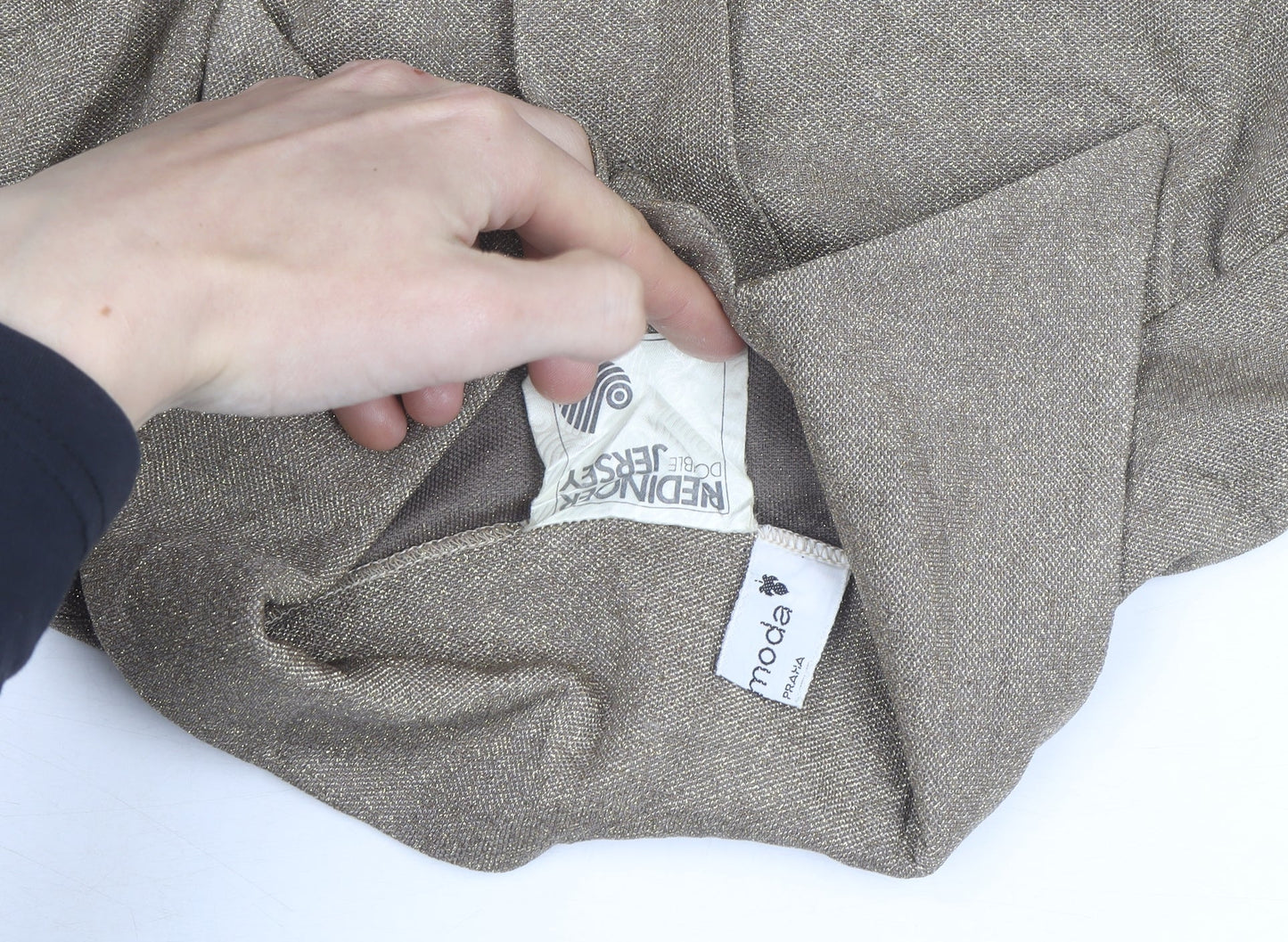 Moda Women Beige Glitter Collared Jersey Blouse Size L